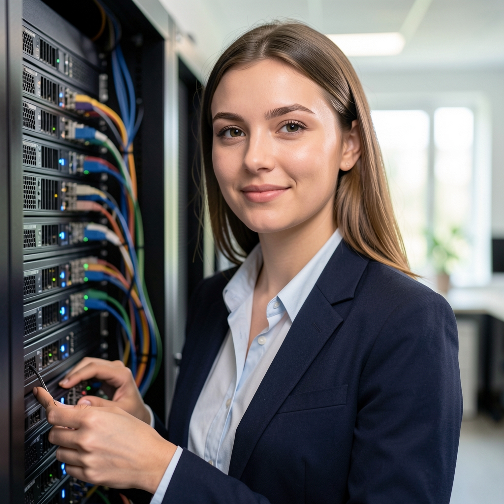 Echipa Netoryx în biroul din București, profesioniști IT care testează echipamente de rețea enterprise pe rack-uri de server