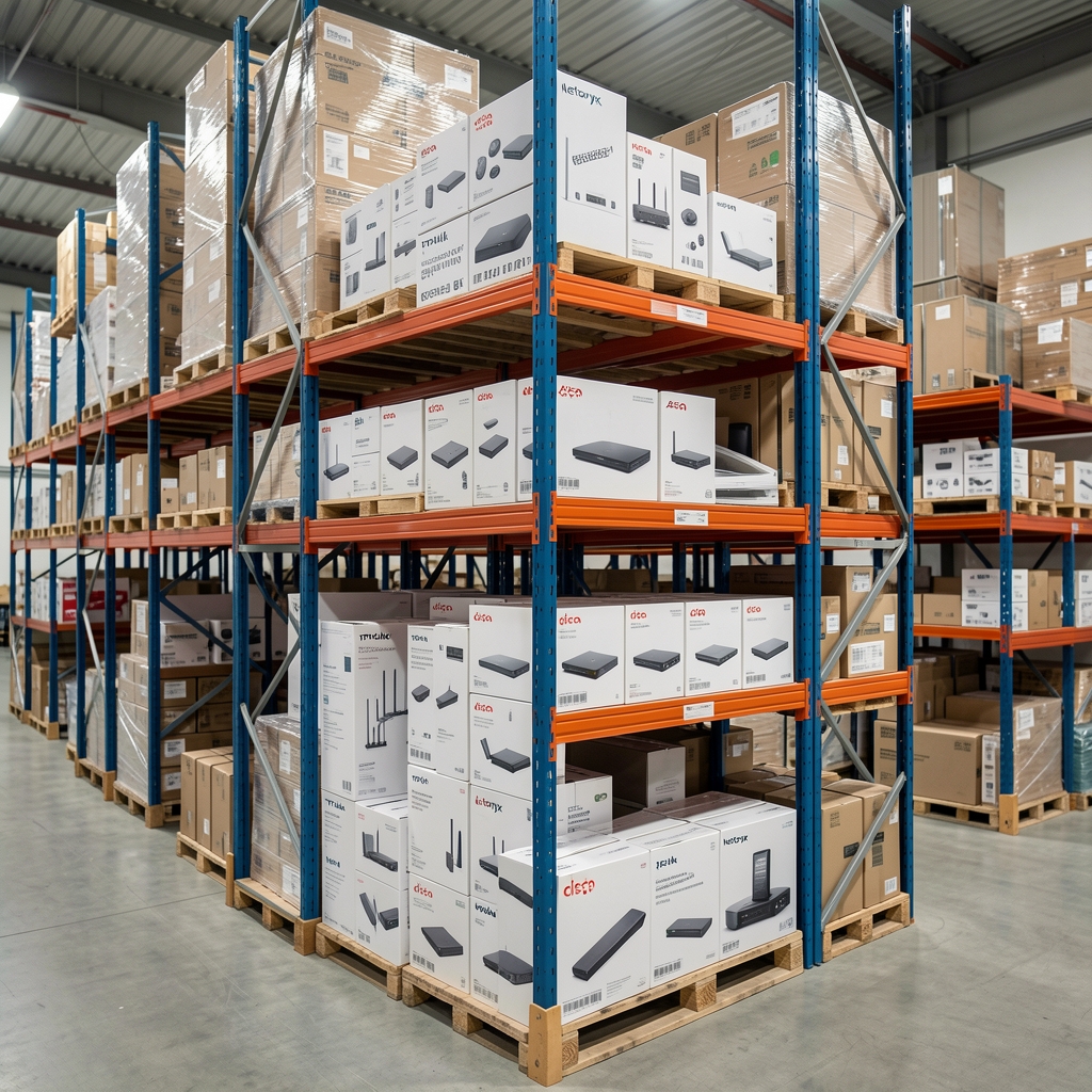 Depozit logistic Netoryx cu rafturi de echipamente de rețea Cisco, ASUS, TP-Link și Netgear ambalate pentru livrare în România