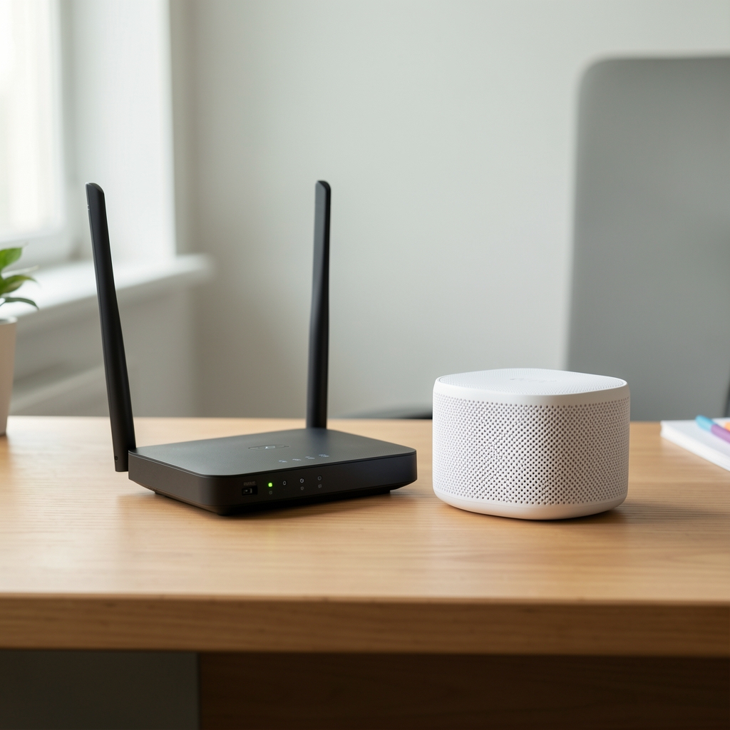Comparație vizuală: router Wi-Fi clasic negru cu antene mari în stânga și set de două noduri mesh albe compacte în dreapta, pe fundal alb