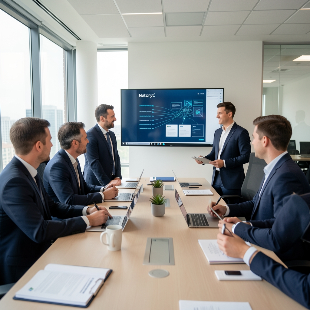 Întâlnire de business între reprezentanți Netoryx și parteneri dealer în birou modern, prezentare catalog echipamente rețea enterprise