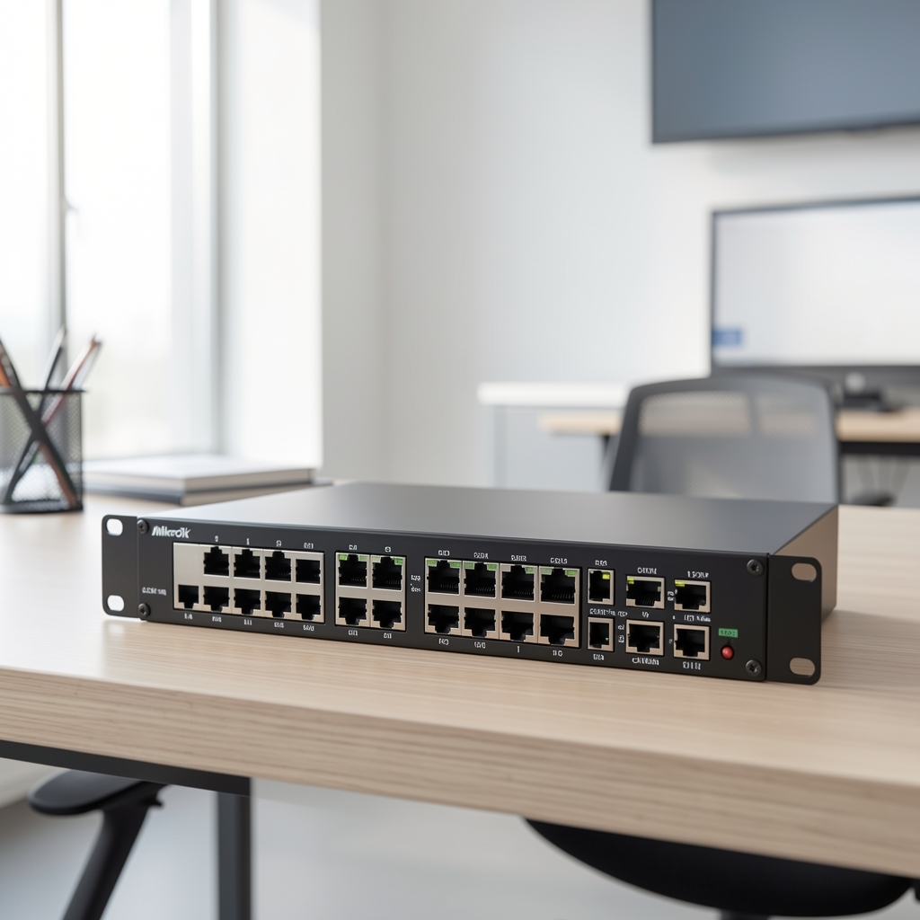 Router switch MikroTik CCR2004 rack mount negru 1U cu porturi SFP multiple și etichete tehnice