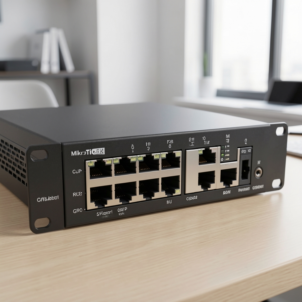 Router MikroTik RB4011iGS+RM rack-mount cu 10 porturi Gigabit și port SFP, carcasă metalică neagră