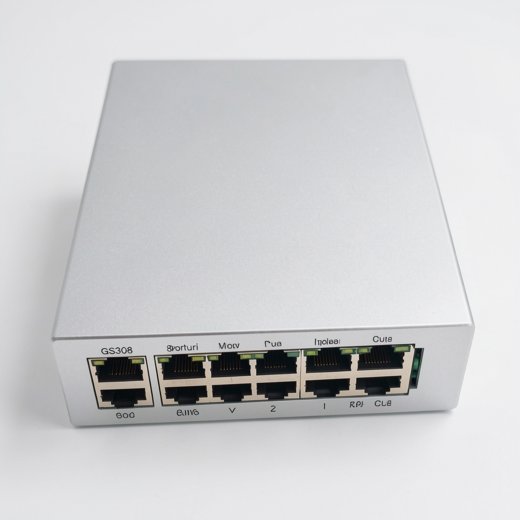 Switch Netgear GS308 Gigabit 8 porturi carcasă metalică argintie vedere laterală cu porturi ethernet
