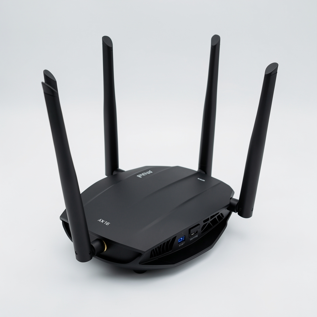 Router Netgear Nighthawk AX12 RAX200 Wi-Fi 6 negru cu design aerodinamic și patru antene externe