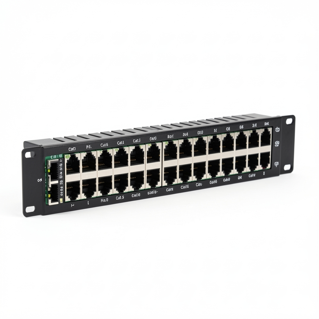 Patch panel 24 porturi Cat.6 rack-mount 1U pe fond alb pentru rețele structurate