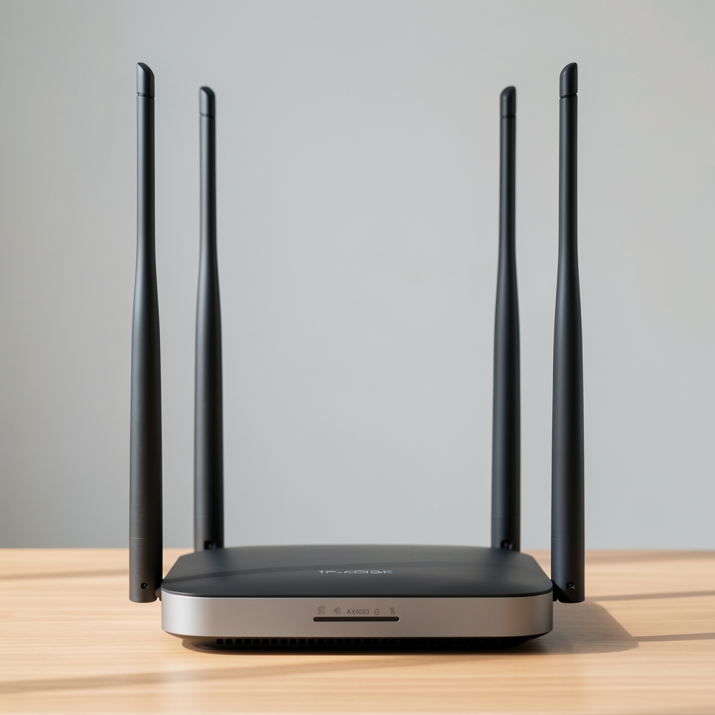 TP-Link Archer AX6000 router Wi-Fi 6 alb cu opt antene externe în poziție verticală