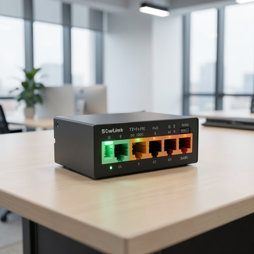 Switch TP-Link TL-SG108PE PoE Easy Smart 8 porturi negru cu LED-uri indicatoare verde și portocaliu