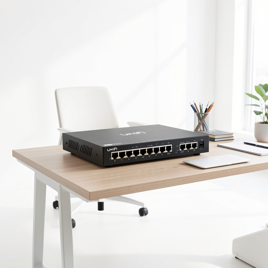 Switch Ubiquiti UniFi USW-24-POE 24 porturi PoE+ Gigabit gestionabil negru pe fond alb